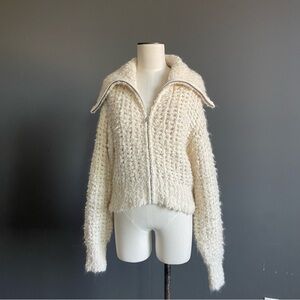 Banana Republic Alpaca Bouclé Zip Sweater Cream Funnel Neck Cozy Knit Capsule